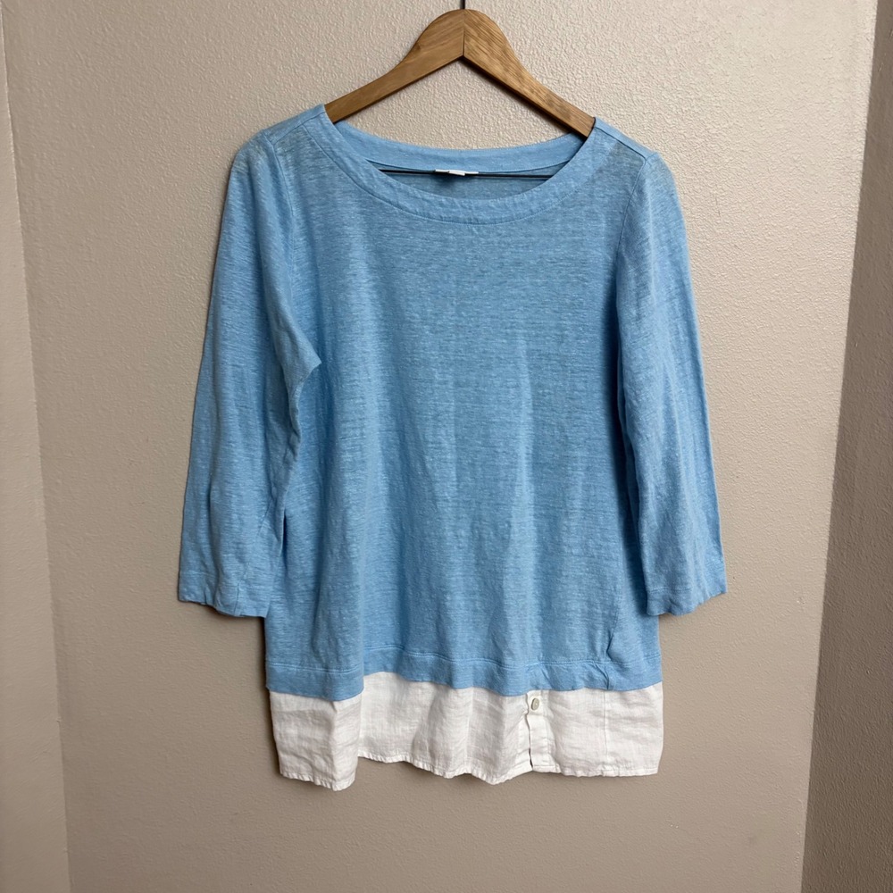 J.Jill Love Linen Top Small Blue White Layered 3/4 Sleeve Coastal Casual